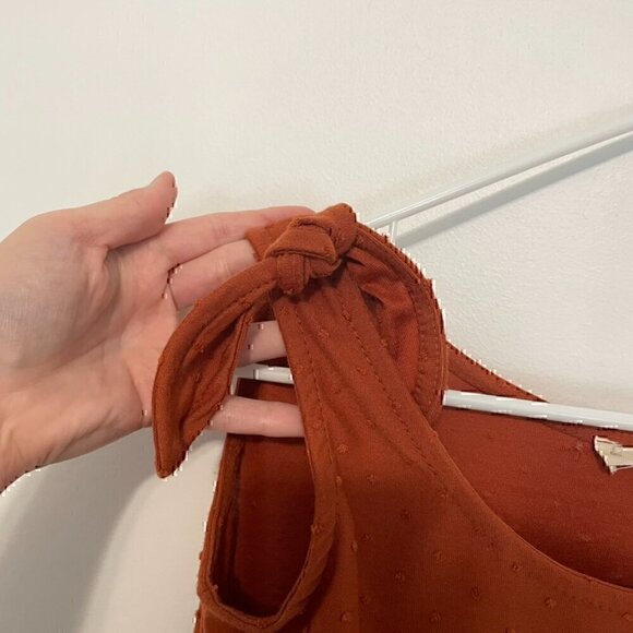 SEE YOU MONDAY Burnt Orange Swiss Dot Tie Shoulder Strap Mini Fit & Flare Dress - Picture 4 of 12